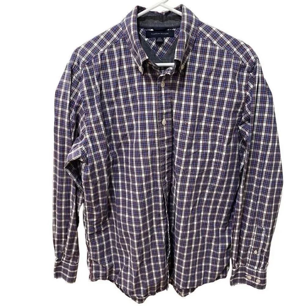 Tommy Hilfiger Shirt Mens L Button Down Blue White Plaid Long Sleeve Casual Work